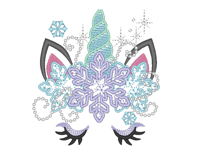 Frozen Christmas Unicorn head with snowflakes crown light stitch machine embroidery designs unicorn face with snowflakes Merry Christmas