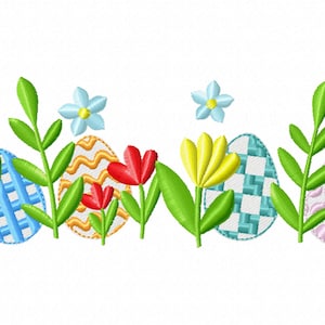 May include: A row of colorful Easter eggs with different patterns, surrounded by green leaves and yellow, red, and blue flowers.