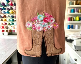 Cowboy Cowgirl Boots and fringed fluffy Flower Applique side cutout split seam machine embroidery designs Girly floral sweatshirt outfit