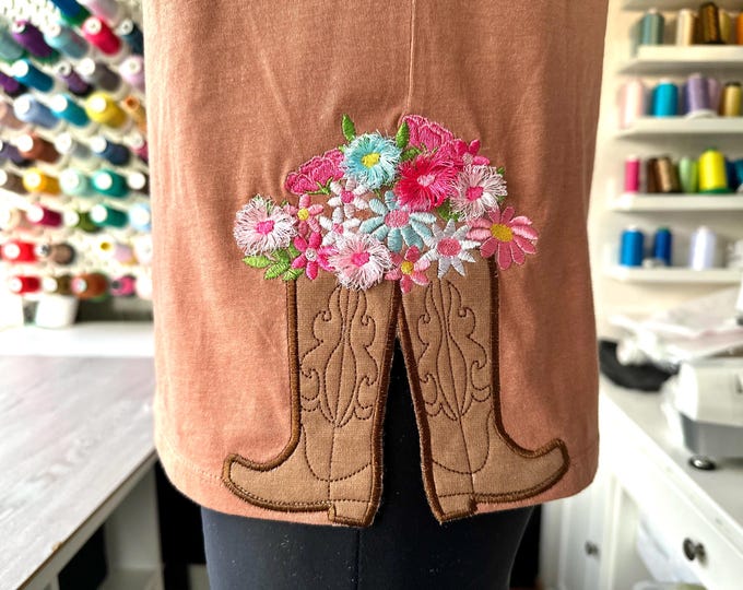 Cowboy Cowgirl Boots and fringed fluffy Flower Applique side cutout split seam machine embroidery designs Girly floral sweatshirt outfit