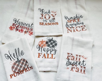 Happy Pumpkin fall Autumn Thanksgiving Kitchen dish towel quotes SET of 6 pcs machine embroidery designs for hoop 4x4, 5x7, 8x8 and pillows