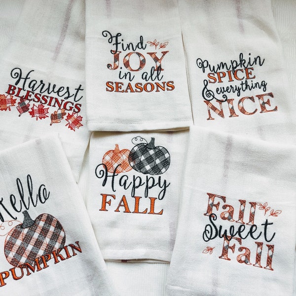 Happy Pumpkin fall Autumn Thanksgiving Kitchen dish towel quotes SET of 6 pcs machine embroidery designs for hoop 4x4, 5x7, 8x8 and pillows