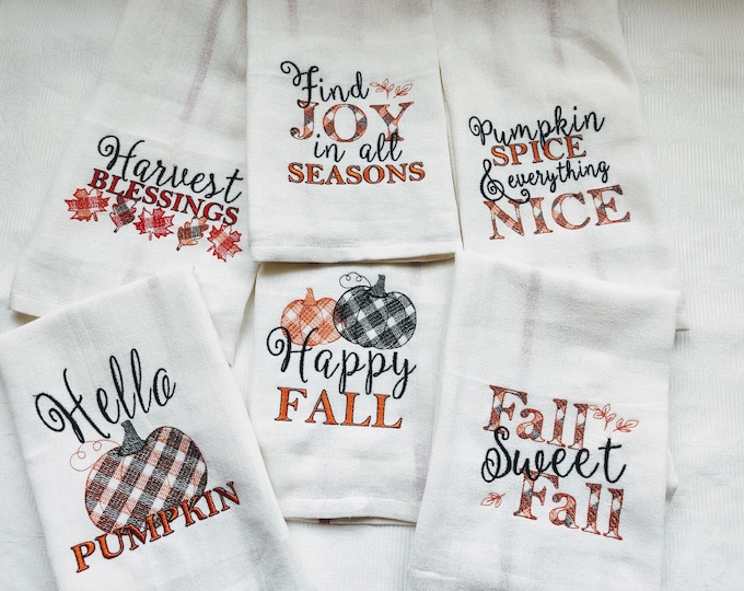 Happy Pumpkin fall Autumn Thanksgiving Kitchen dish towel quotes SET of 6 pcs machine embroidery designs for hoop 4x4, 5x7, 8x8 and pillows