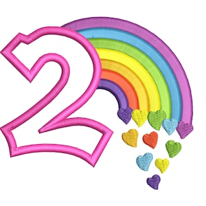 Cute Rainbow Birthday Number 2 TWO machine embroidery applique designs size 4, 5, 6 and 7 inches, rainbow baby birthday number 2
