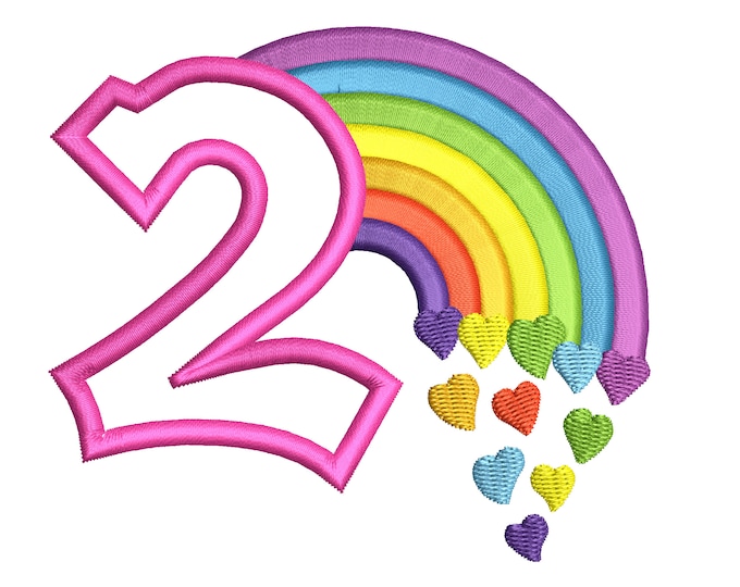 Cute Rainbow Birthday Number 2 TWO machine embroidery applique designs size 4, 5, 6 and 7 inches, rainbow baby birthday number 2
