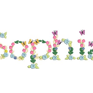 May include: The name "Sophia" is spelled out in pink, yellow, and blue flowers with green leaves and butterflies.