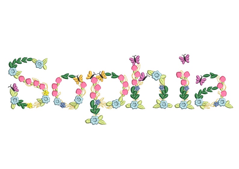 May include: The name "Sophia" is spelled out in pink, yellow, and blue flowers with green leaves and butterflies.