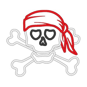 May include: A white skull with black eye sockets and nose, and a red bandana. The skull is crossed with two white bones, a classic pirate symbol.