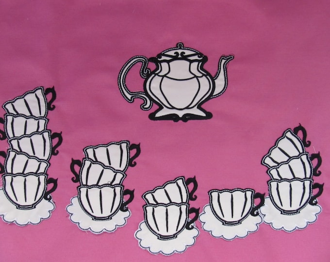 Tea party, Stacks of teacups, curved Stack of teacups and plates are easy ITH machine embroidery applique designs