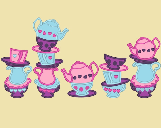 Mad Hatter tea party collection SET of 5 types teapot and cup stacked cups Applique machine embroidery designs for hoop 4x4, 5x7, 6x10