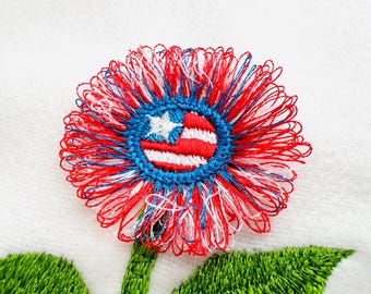 Small Patriotic Fringed Fluffy Sunflower Flower Stem Floral Fringe machine embroidery designs 4th of July fuzzy design sizes 3 up to 4.5 in
