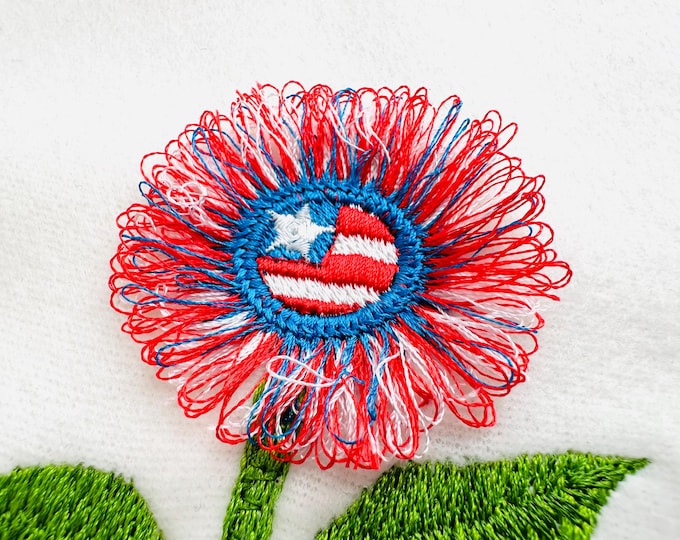 Small Patriotic Fringed Fluffy Sunflower Flower Stem Floral Fringe machine embroidery designs 4th of July fuzzy design sizes 3 up to 4.5 in
