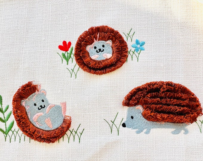 Hedgehog SET of 3 fringed Fluffy chenille wildlife animal machine embroidery designs forest Hedgehog kids shirt design summer forest outfit