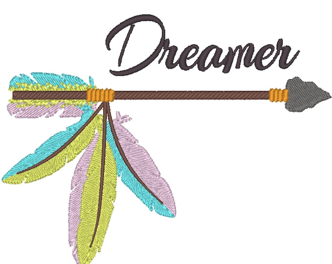 Dreamer arrow embroidery design - 4, 5, 6  inches /  feathers, Native American design, dream embroidery,  beautiful embroiery
