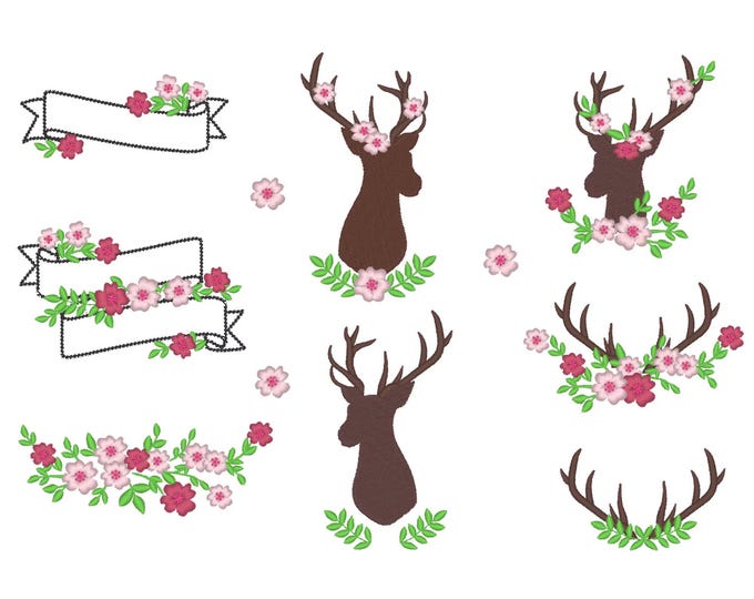 Deer Silhouette antlers with leaves and flowers, Big floral monogramming SET Machine embroidery designs for hoop 4x4 and 5x7 monogram banner