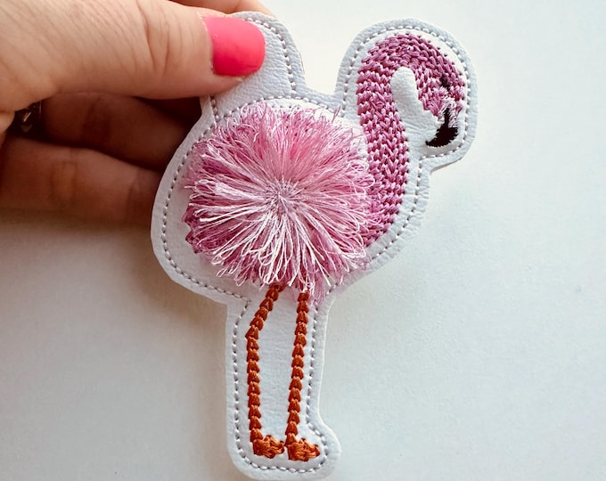 Fringed Fluffy Flamingo Key Fob Snap Tab and Eyelet Design In the Hoop Machine Embroidery designs ITH Project Keychain Tag kids gift idea
