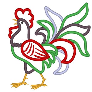 May include: A stylized illustration of a rooster with a red comb and wattle, a gray body, and a green, red, and purple tail.