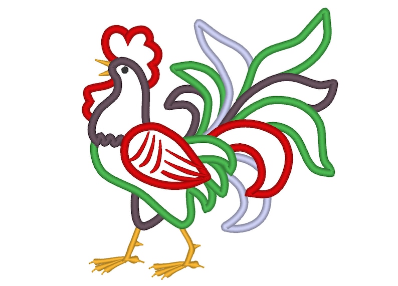 May include: A stylized illustration of a rooster with a red comb and wattle, a gray body, and a green, red, and purple tail.