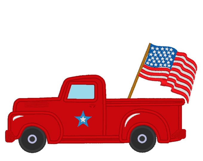 4th of July Vintage station wagon red truck back, truck with flag machine embroidery applique designs
