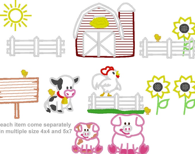 Cute animal Farm - machine embroidery applique designs BIG set INSTANT DOWNLOAD multiple sizes 2, 3, 4, 5, 6 inches, for hoop 4x4, 5x7, 6x10