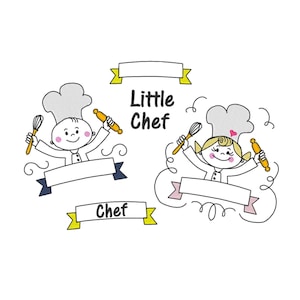 Kleine chef-kok koken bakker jongen en meisje monogram banner naam lijst set keukenschort machine borduurwerk ontwerpen hoepel 4 x 4 5 x 7 schets steek