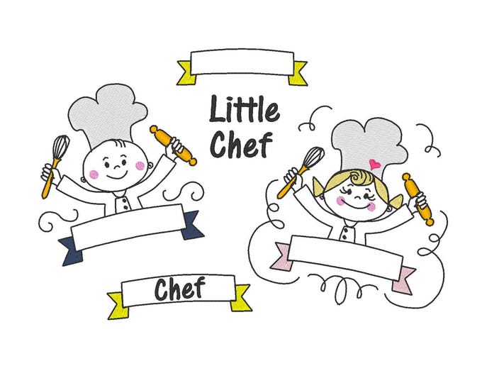 Little Chef cooking baker boy and girl Monogram banner Name Frame Set kitchen apron machine embroidery designs hoop 4x4  5x7 sketch stitch