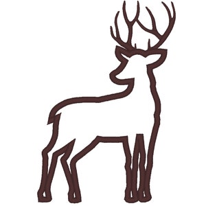 May include: A brown line drawing of a deer with antlers standing on a white background.