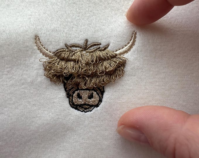 Mini Highland Cow fringed fluffy fur hair Scottish breed rustic cattle machine embroidery designs fringe ITH in the hoop cute farm animal
