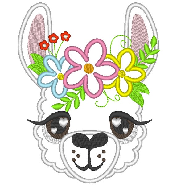 Llama loves you, llama face with shabby chick flowers  crown applique machine embroidery designs applique llama face drama llama design