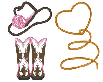Cowgirl attributes collection Set of 3 single designs add-on Applique machine embroidery designs farm girl kids hat boots heart lasso rope