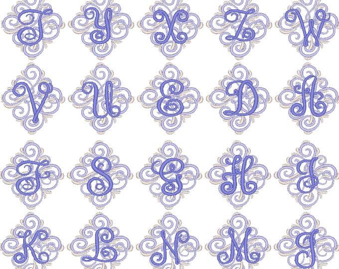 MINI Ornamental colorful swirl and curl one letter Monogram whole set A-Z machine embroidery designs size 2 and 3inches towel pillow wedding