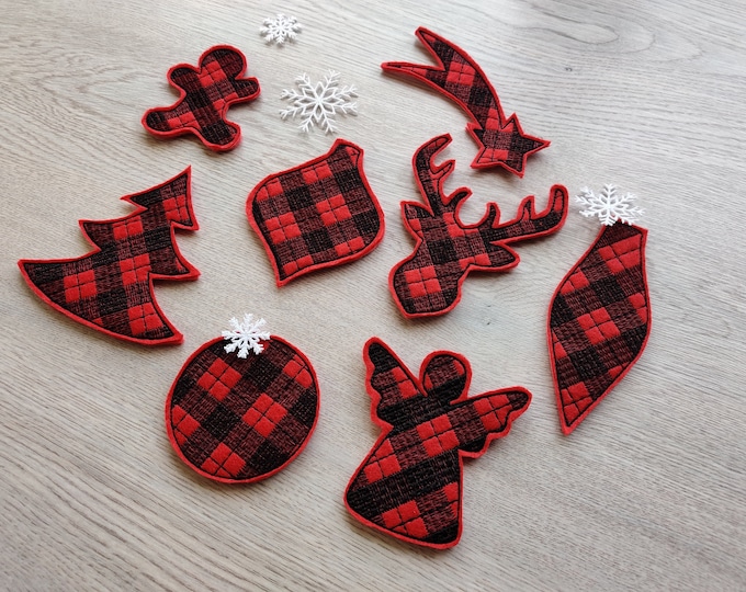 Tartan Plaid Gingham Christmas ornaments decoration Christmas tree 6 designs set hoop 4x4 5x7 8x8  instructions ITH felt easy project