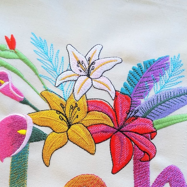 Tropical flowers Floral flower bouquet machine embroidery designs multiple sizes, blossom bloom palm leaf calla lily flower buds fill stitch