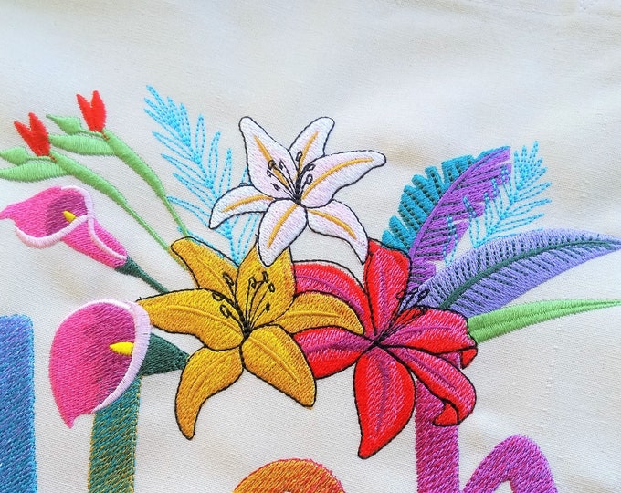 Tropical flowers Floral flower bouquet machine embroidery designs multiple sizes, blossom bloom palm leaf calla lily flower buds fill stitch