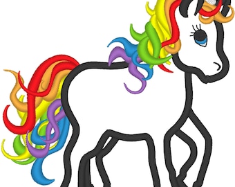 May include: A white unicorn with a rainbow mane and tail. The unicorn has a black outline and a silver horn.