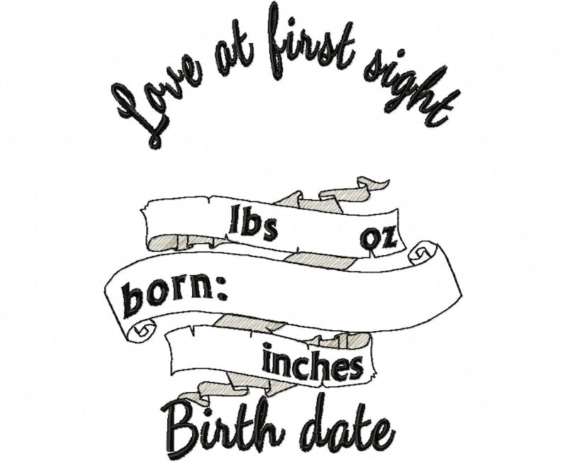 Op de afbeelding: Zwart-witte illustratie van een banner met de tekst "Love at first sight" bovenaan, "born:" in het midden en "Birth date" onderaan. De banner bevat ook de tekst "lbs oz" en "inches" om het geboortegewicht en de -lengte van de baby in te vullen.