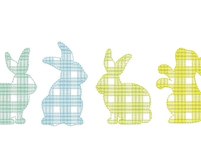 Gingham, tartan Easter bunny, Easter bunnies in a row, sketch, outline Machine embroidery designs, triple bunnies row