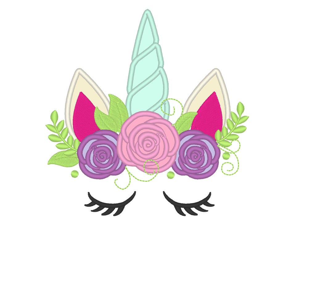 Unicorn Head With Shabby Chick Roses Crown Applique Machine