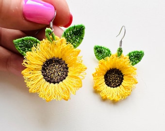 Fringed Fluffy Sunflower earrings and mini Leaf add-on charm pendant FSL freestanding lace machine embroidery designs kids girls floral
