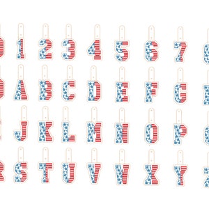 May include: A set of red, white, and blue alphabet and number letter stickers with a stars and stripes pattern. The stickers are on a white background.