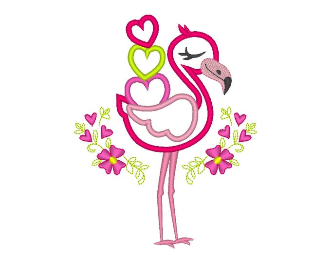 Floral Flamingo with Heart Valentines Day kids girls Applique machine embroidery designs pink bird sizes for hoop 4x4  5x7  6x10