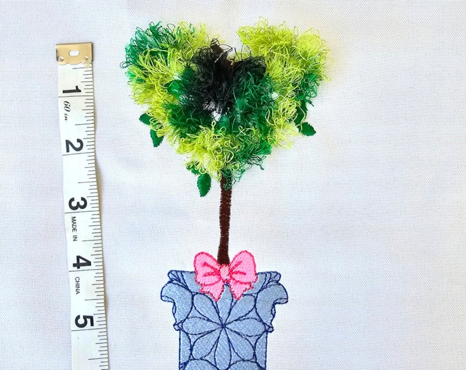Fringed fluffy Heart shape Topiary Tree with bow fringe ITH in the hoop fluffy fringed plant in pot machine embroidery designs hoop 4x4  5x7