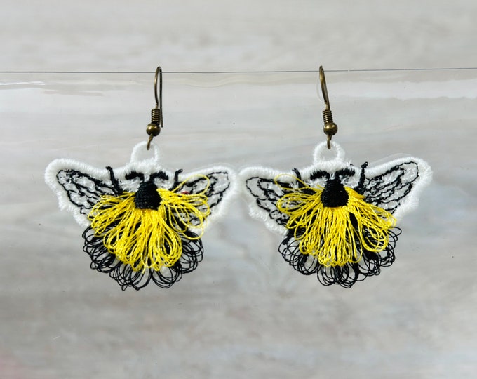 Fluffy Bee earrings fringed Honeybee charm pendant FSL freestanding lace machine embroidery designs kids girl pretty fringed bee in the hoop