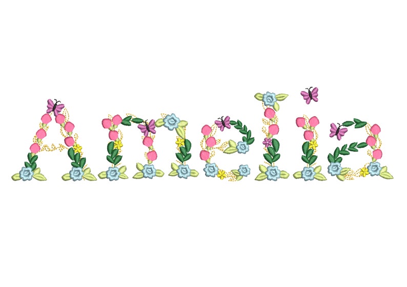 May include: The name "Amelia" is spelled out in pink, blue and green flowers with butterflies. The letters are surrounded by leaves and vines.