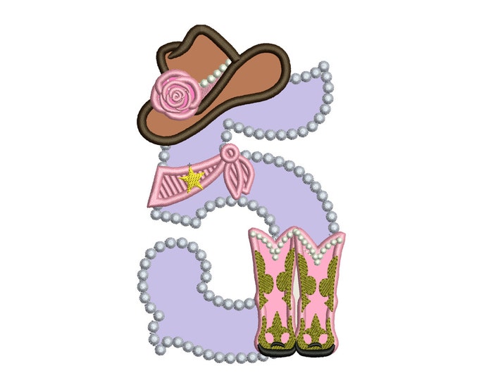 Lady Cowboy Birthday number FIVE 5 - one number - machine embroidery applique designs for hoop 5x7 farm girl cowgirl fifth birthday party