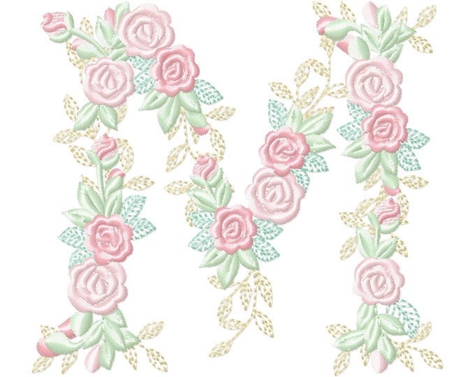 Delicate Roses Floral letter M garden flag monogram flowers flower flowered Font machine embroidery designs 3.5, 4, 5, 6, 7, 8 in