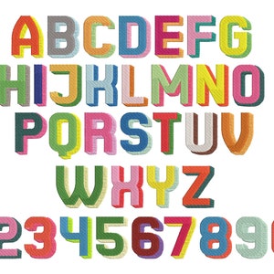 May include: A colorful alphabet and numbers in a 3D style. The letters and numbers are outlined in black and have a white shadow. The letters are in a variety of colors, including red, orange, yellow, green, blue, purple, and pink. The numbers are in a similar style and color scheme.