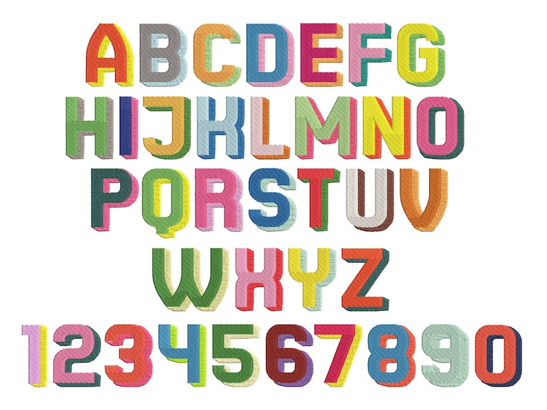 May include: A colorful alphabet and numbers in a 3D style. The letters and numbers are outlined in black and have a white shadow. The letters are in a variety of colors, including red, orange, yellow, green, blue, purple, and pink. The numbers are in a similar style and color scheme.