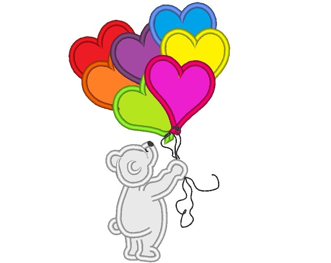 Add colors Valentine's Day Teddy Bear with heart balloons Applique air balloon machine embroidery designs for hoop 5x7, 6x10 lovely cute