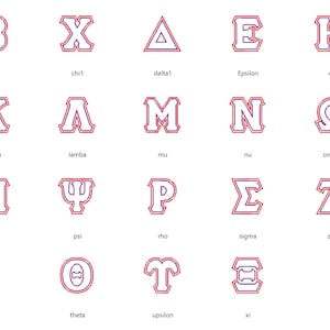 Hermandades de mujeres alfabeto griego ZIG ZAG Doble dos apliques alfabeto de fuente griega letras abc 2 pasos color fuente máquina bordado diseños BX incl